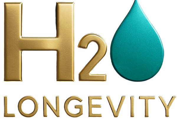 Logo of H2O Longevity with gold text and a teal droplet on a white background