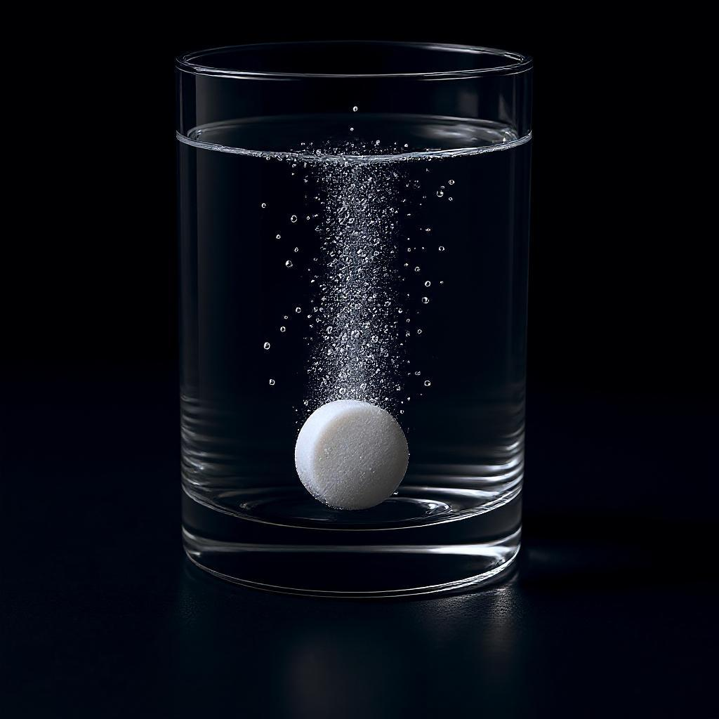 White tablet dissolving in a glass of water on a black background